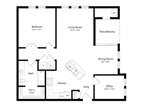 Floor plan for 1 bed, 1 bath, 979 sqft